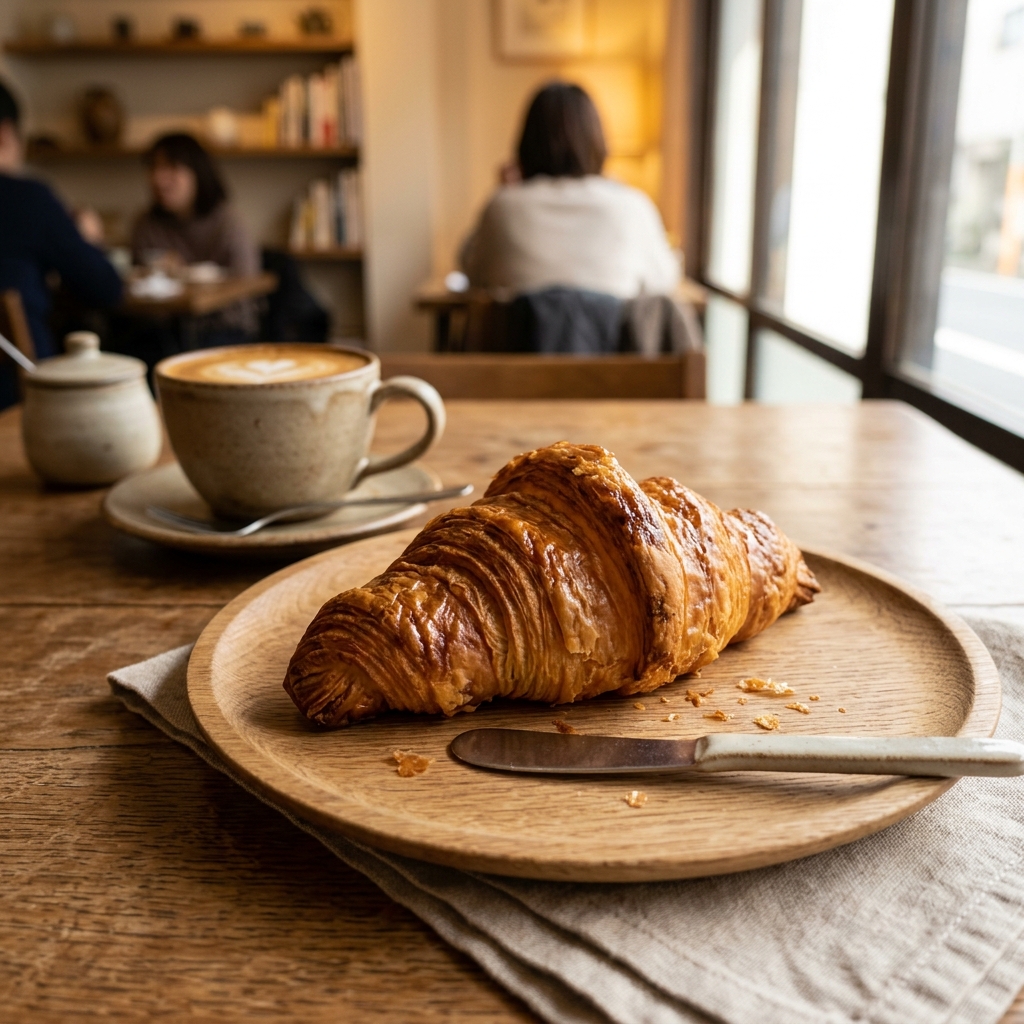 朝の陽光とハンドドリップコーヒー、焼き立てクロワッサン