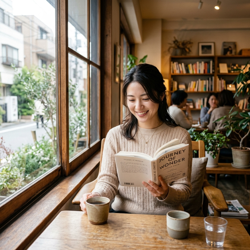陽の入る店内でラテを飲みながら読書をする女性